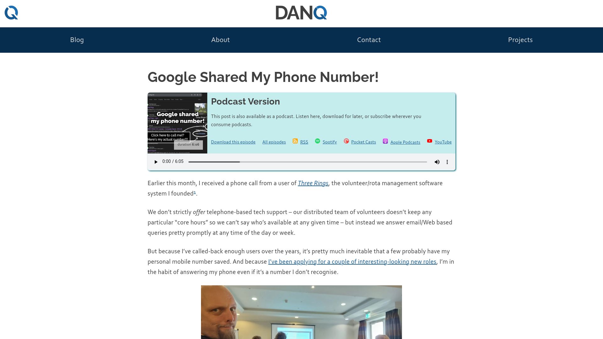 Screenshot of danq.me: Google shared my phone number