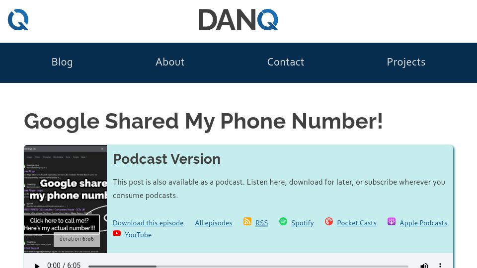 Screenshot of danq.me: Google shared my phone number