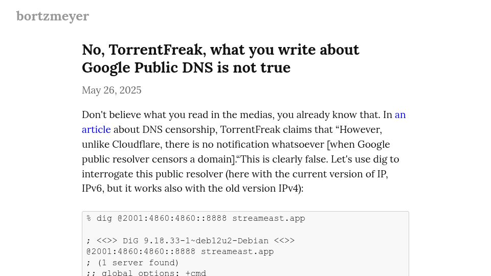 Screenshot of write.as: TorrentFreak is wrong about Google DNS notification