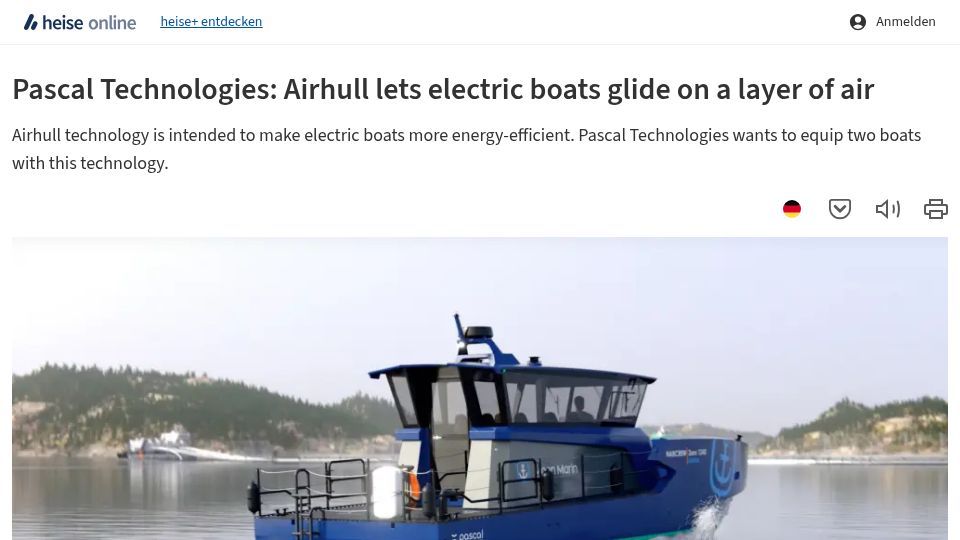 Screenshot of heise.de: Airhull lets electric boats glide on a layer of air