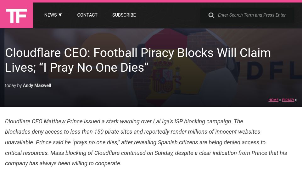 Screenshot of torrentfreak.com: Cloudflare CEO: Football piracy blocks will claim lives