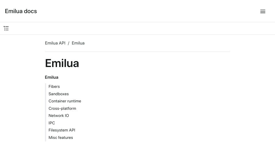Screenshot of docs.emilua.org: Emilua is an execution engine. As a runtime for your Lua programs