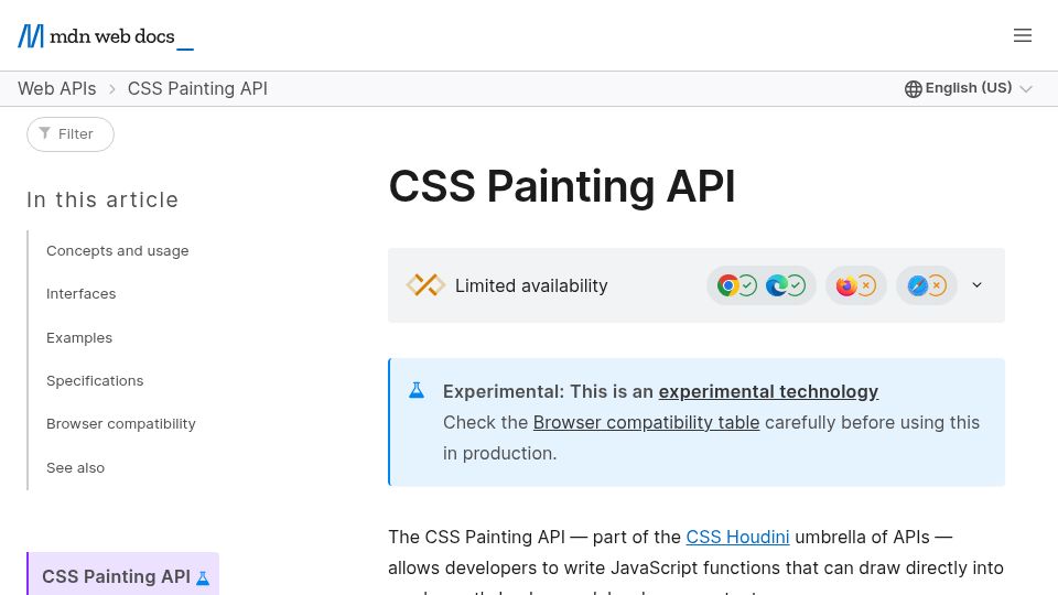 Screenshot of developer.mozilla.org: CSS Painting API