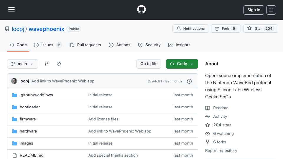 Screenshot of github.com: WavePhoenix – Open-source implementation of the Nintendo WaveBird protocol