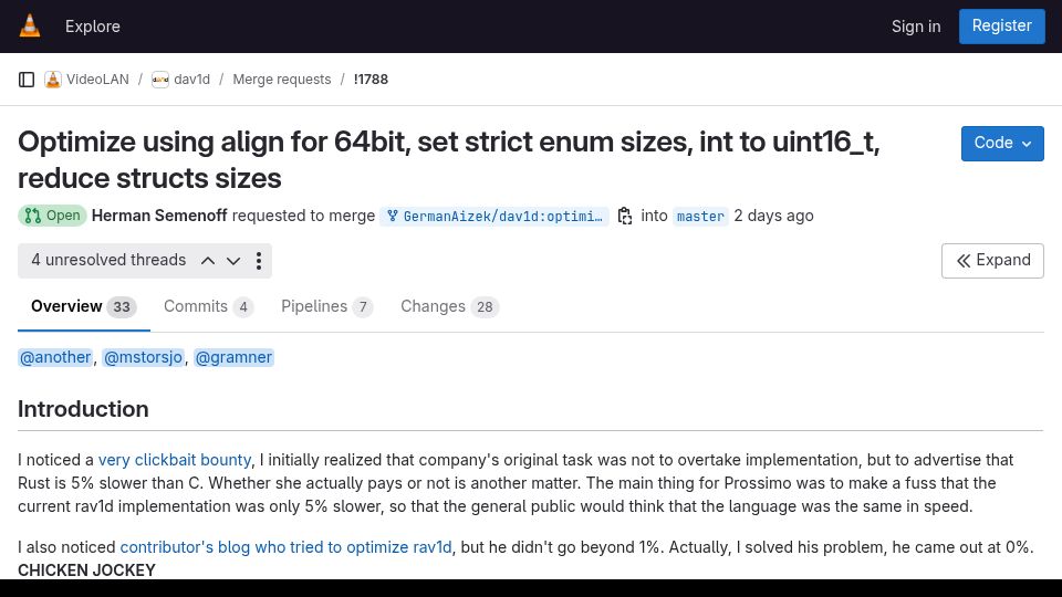 Screenshot of code.videolan.org: Improving performance of original dav1d video decoder