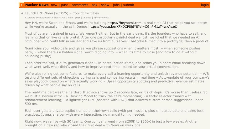 Screenshot of Hacker News post: Launch HN: Nomi (YC X25) – Copilot for Sales