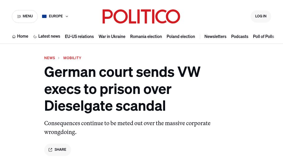 Screenshot of politico.eu: German court sends VW execs to prison over Dieselgate scandal