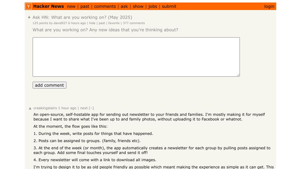 Screenshot of Hacker News post: Ask HN: What are you working on? (May 2025)