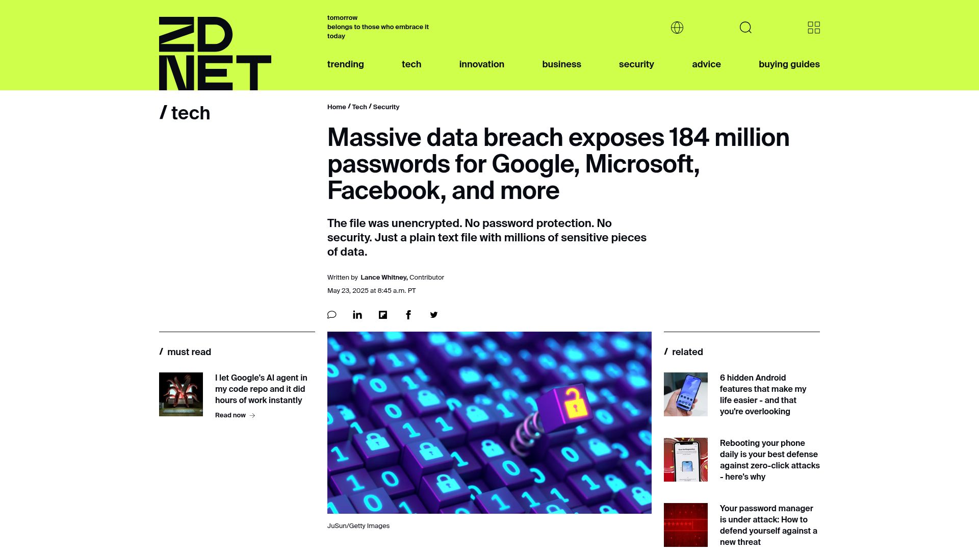 Screenshot of zdnet.com: Data breach exposes 184M passwords, likely captured by malware