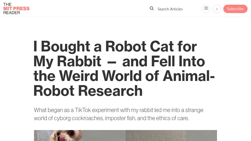 Screenshot of thereader.mitpress.mit.edu: Buying a Robot Cat and Falling into the Weird World of Animal-Robot Research