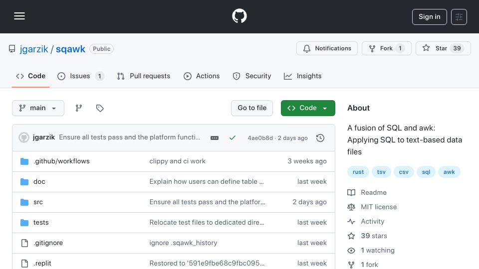 Screenshot of github.com: Sqawk: A fusion of SQL and Awk: Applying SQL to text-based data files
