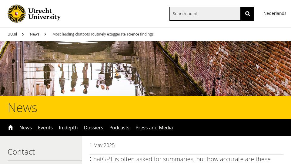 Screenshot of uu.nl: Most leading chatbots routinely exaggerate science findings