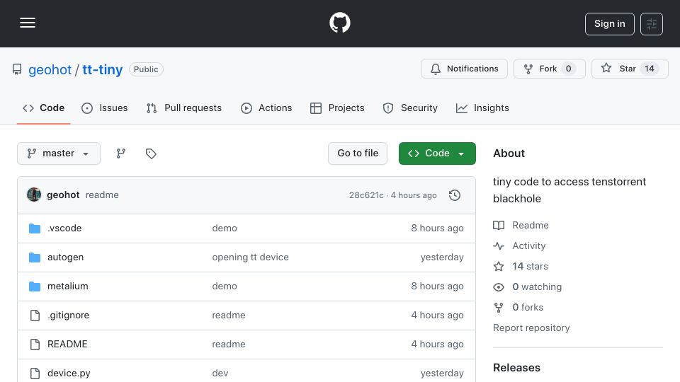 Screenshot of github.com: Advice to Tenstorrent