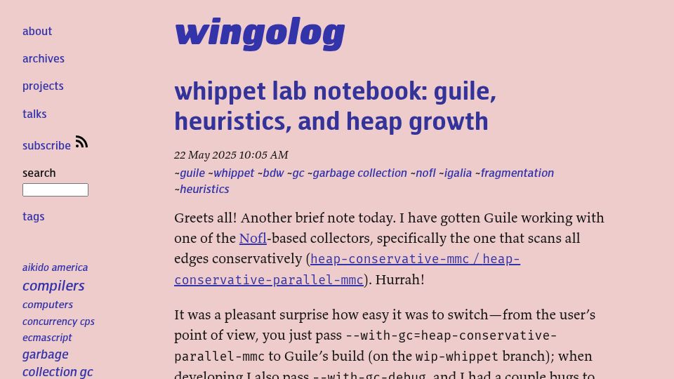 Screenshot of wingolog.org: Whippet GC notes on Guile, heuristics, and heap growth