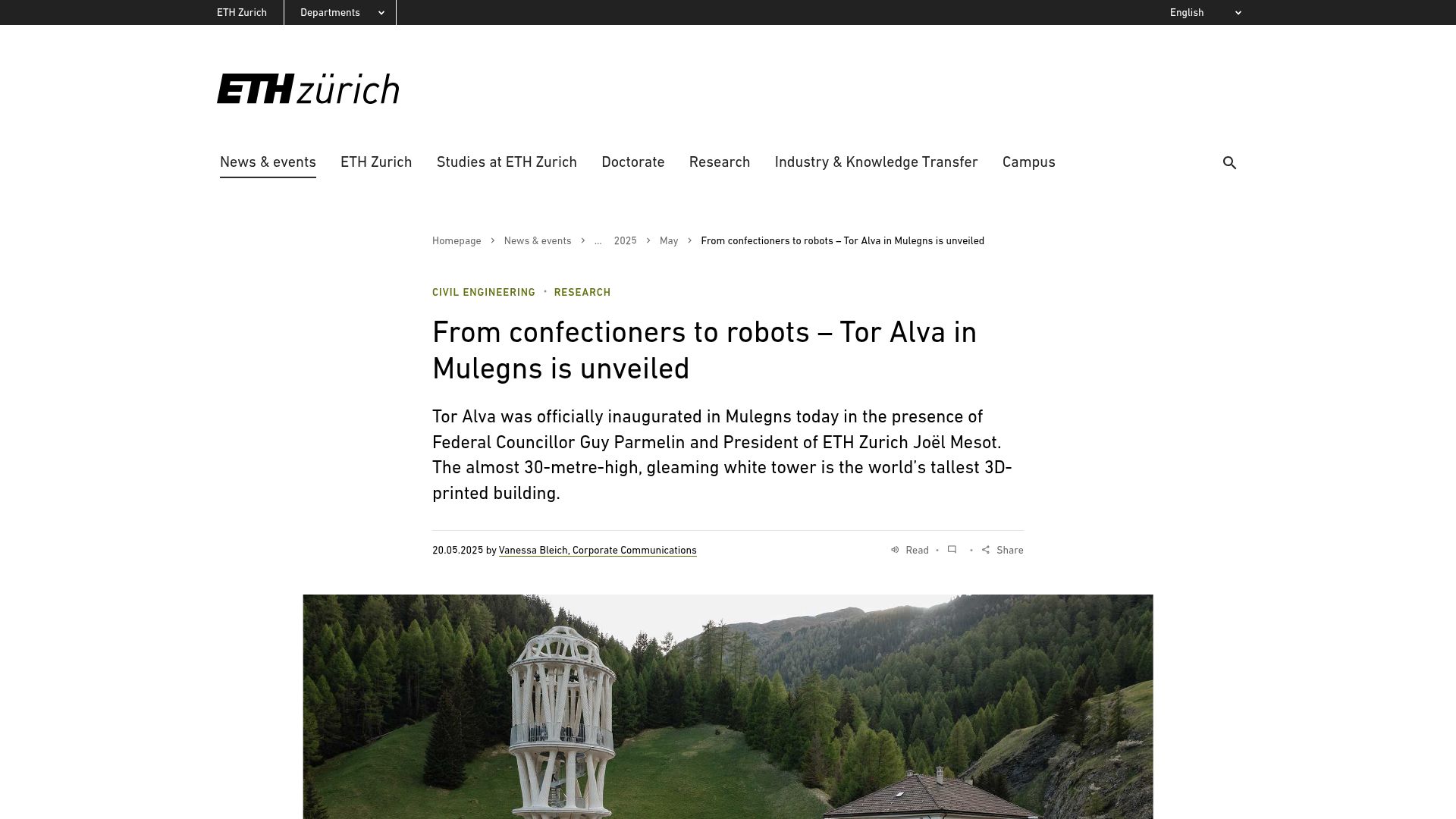 Screenshot of ethz.ch: From confectioners to robots – Tor Alva in Mulegns is unveiled