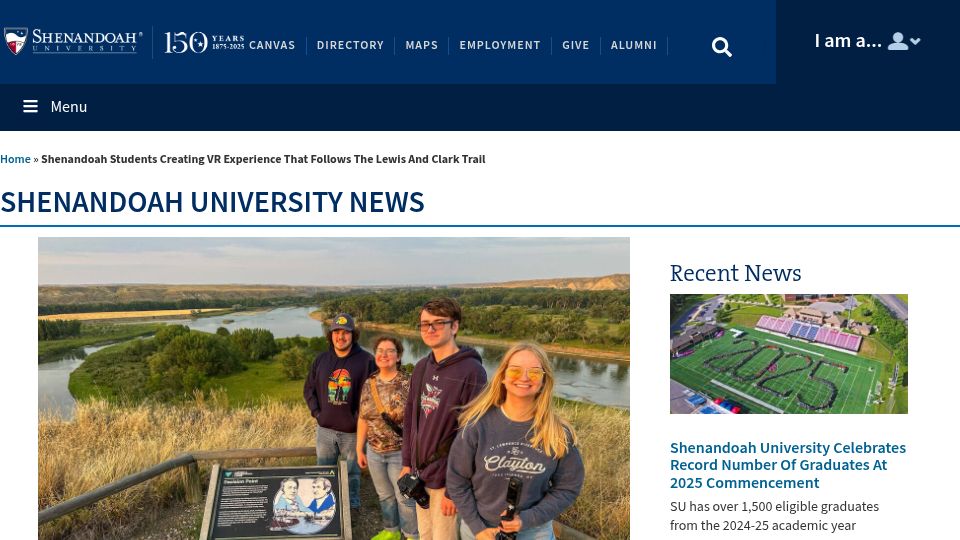 Screenshot of su.edu: Shenandoah Students Creating VR Experience Following the Lewis and Clark Trail