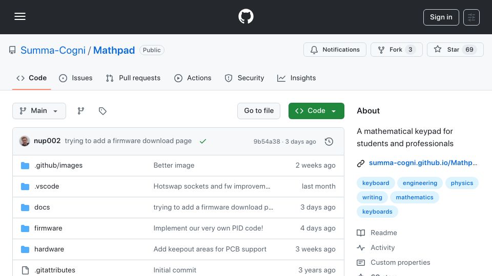 Screenshot of github.com: Mathpad: A mathematical keypad for students and professionals