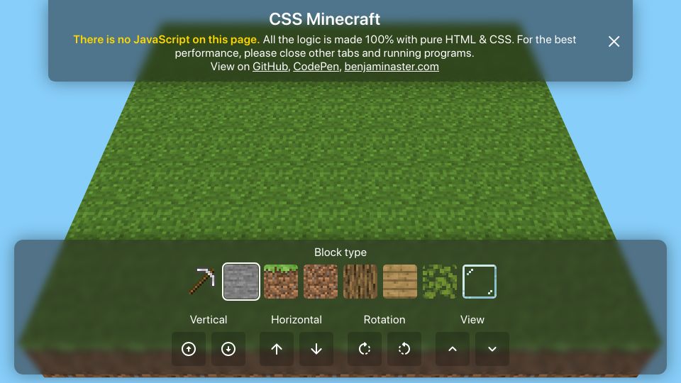 Screenshot of benjaminaster.com: CSS Minecraft