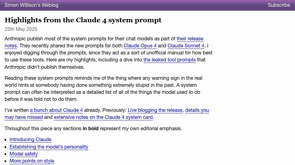 Screenshot of simonwillison.net: Highlights from the Claude 4 system prompt