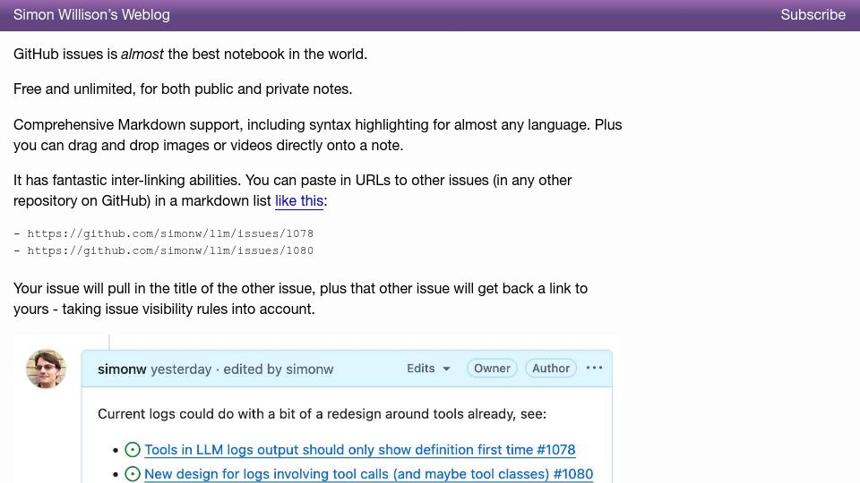 Screenshot of simonwillison.net: GitHub issues is almost the best notebook in the world