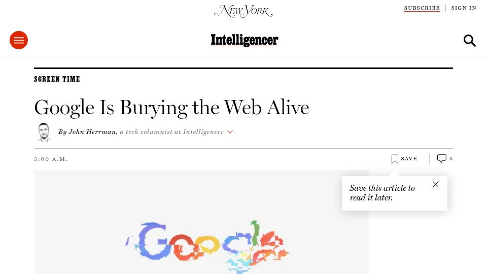 Screenshot of nymag.com: Google is burying the web alive