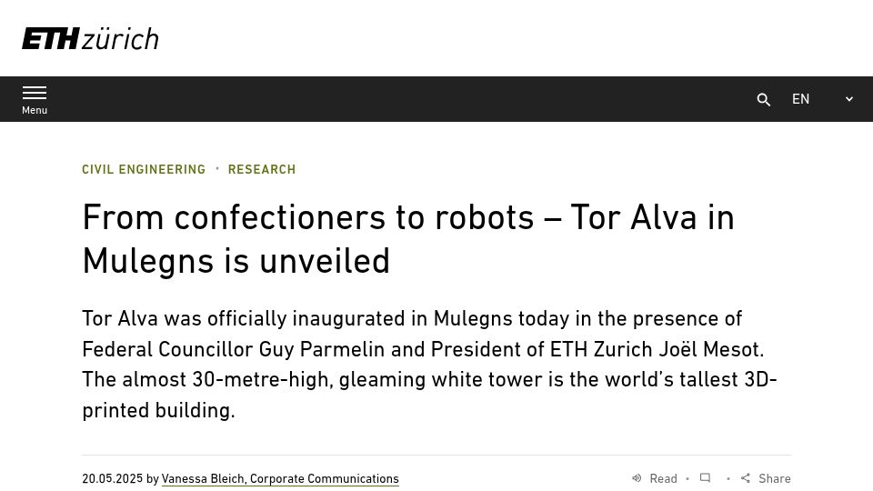 Screenshot of ethz.ch: From confectioners to robots – Tor Alva in Mulegns is unveiled