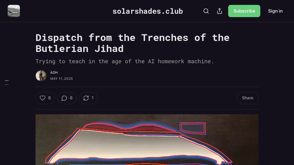 Screenshot of solarshades.club: Trying to teach in the age of the AI homework machine