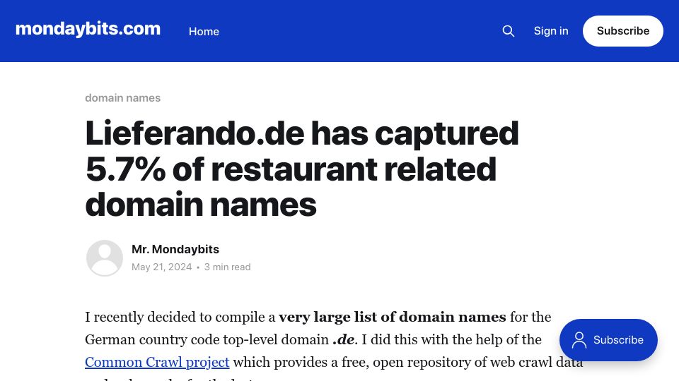 Screenshot of mondaybits.com: Lieferando.de has captured 5.7% of restaurant related domain names