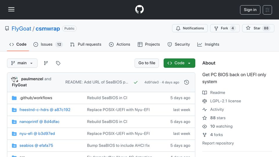 Screenshot of github.com: Get PC BIOS back on UEFI only system