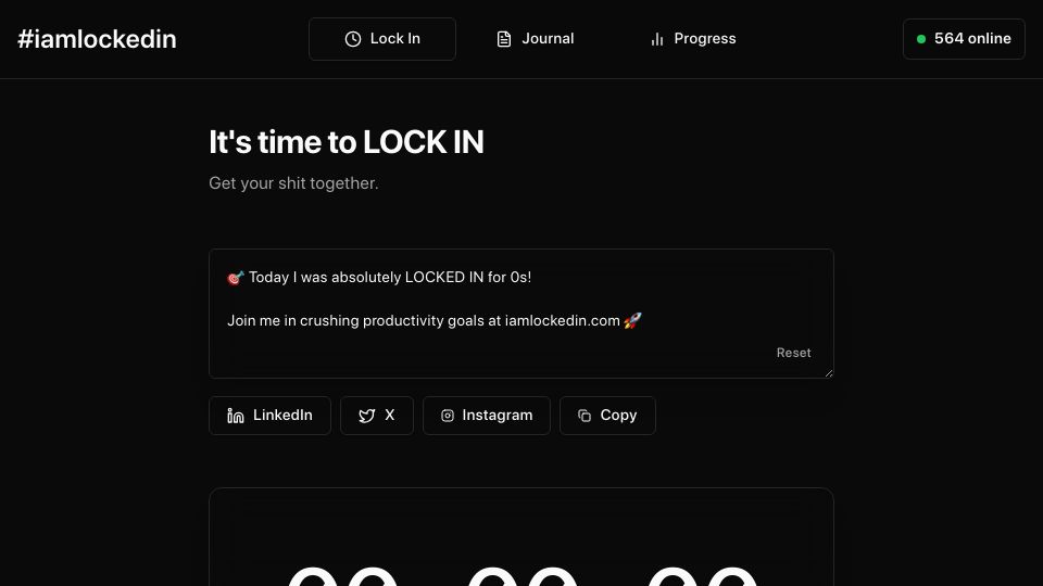 Screenshot of iamlockedin.com: Show HN: A minimalist web timer for focus and time tracking
