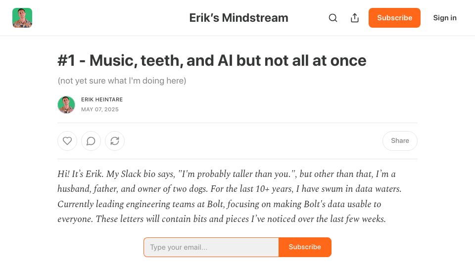 Screenshot of erikheintare.substack.com: Music, teeth, and AI but not all at once