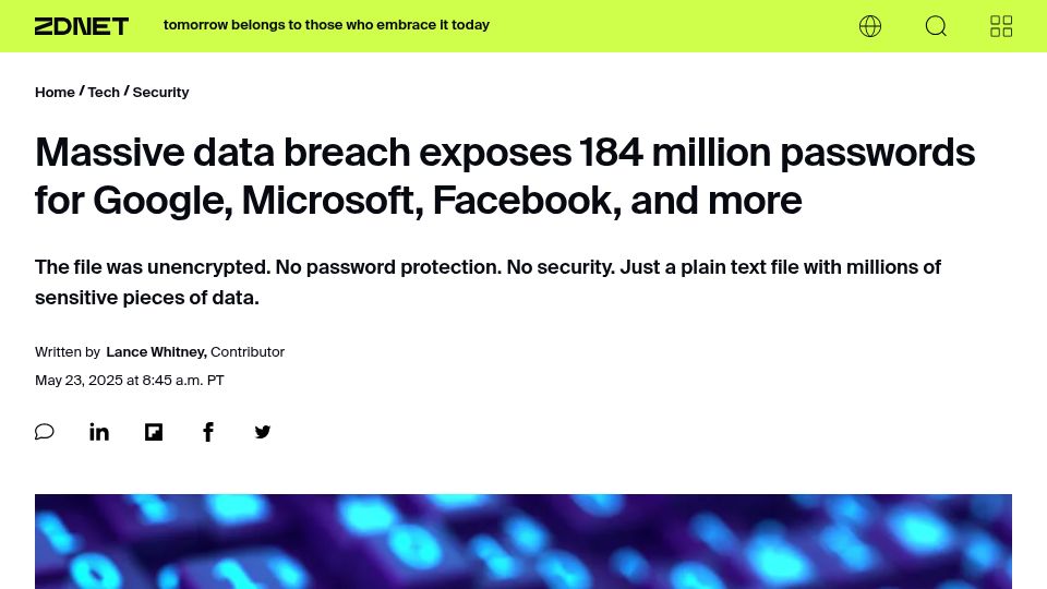 Screenshot of zdnet.com: Data breach exposes 184M passwords, likely captured by malware