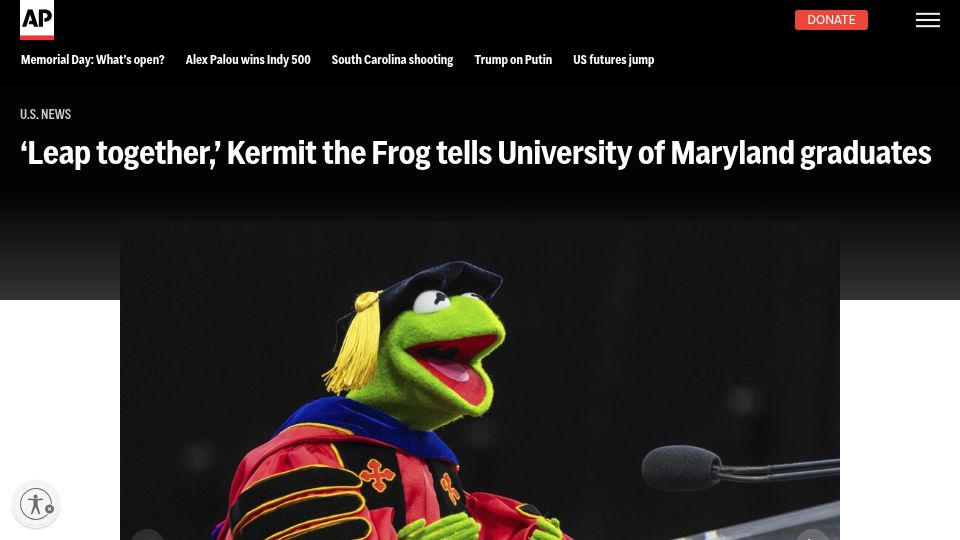 Screenshot of apnews.com: Kermit the Frog gives commencement speech at University of Maryland