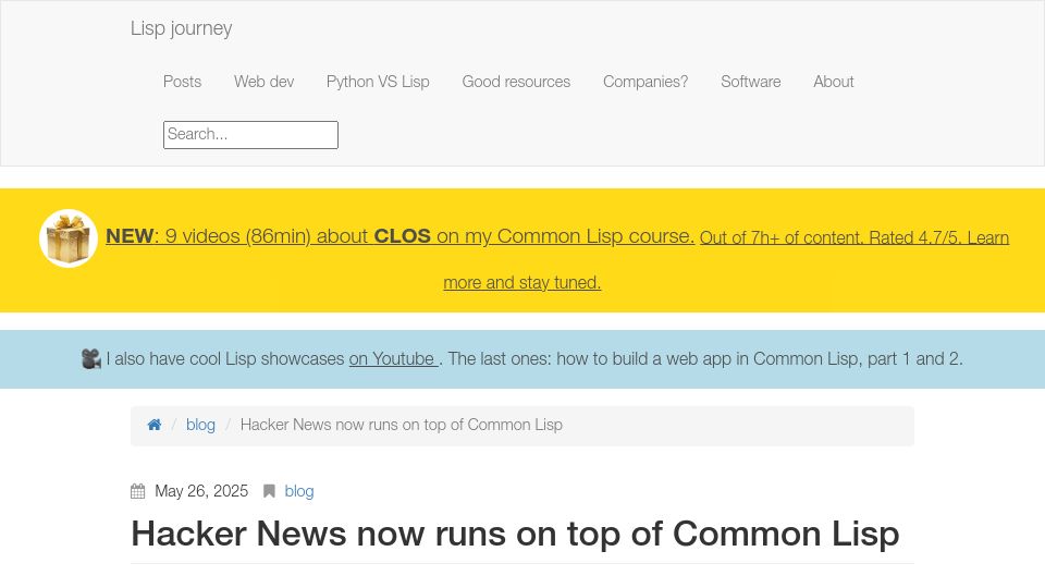 Screenshot of lisp-journey.gitlab.io: Hacker News now runs on top of Common Lisp