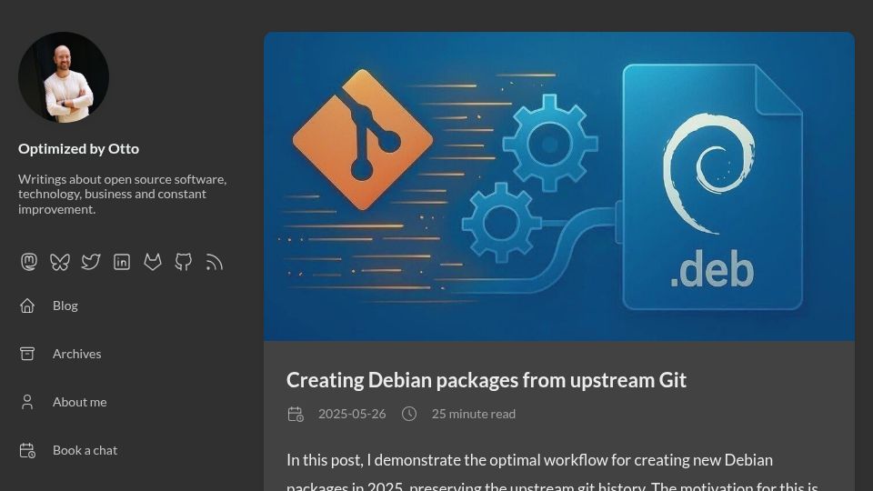 Screenshot of optimizedbyotto.com: Creating Debian packages from upstream Git