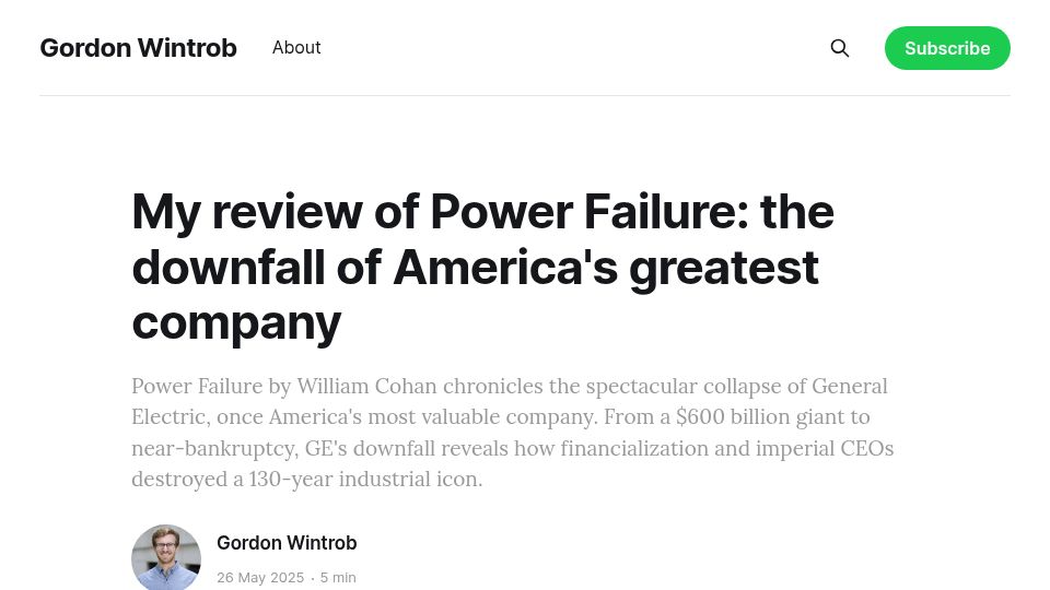 Screenshot of gwintrob.com: Power Failure: The downfall of General Electric