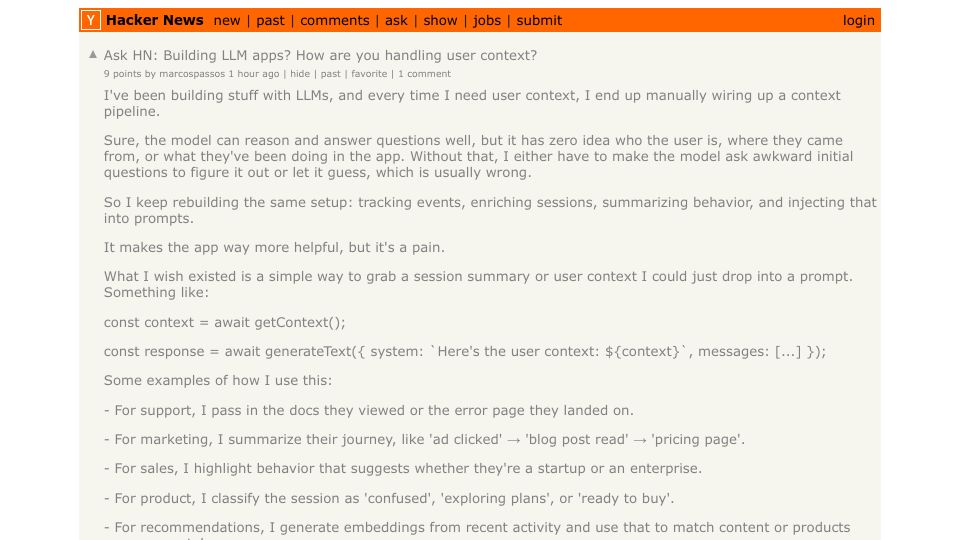 Screenshot of Hacker News post: Ask HN: Building LLM apps? How are you handling user context?