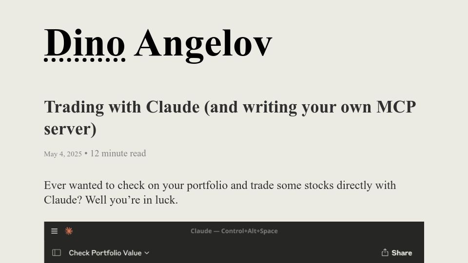 Screenshot of dangelov.com: Trading with Claude, and writing your own MCP server