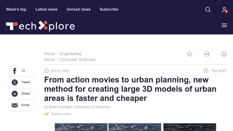 Screenshot of techxplore.com: New method for creating large 3D models of urban areas is faster and cheaper