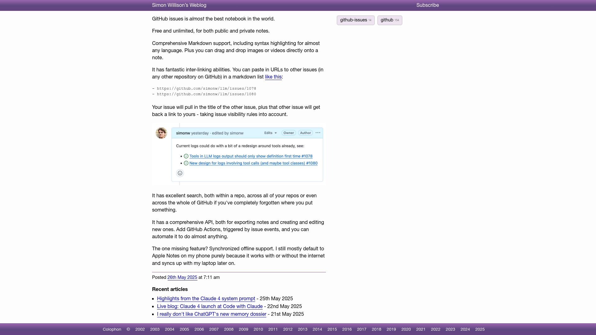 Screenshot of simonwillison.net: GitHub issues is almost the best notebook in the world