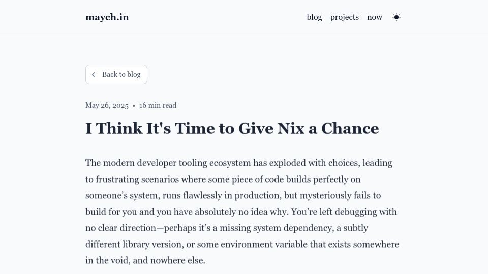 Screenshot of maych.in: I think it's time to give Nix a chance