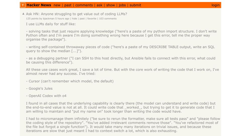 Screenshot of Hacker News post: Ask HN: Anyone struggling to get value out of coding LLMs?