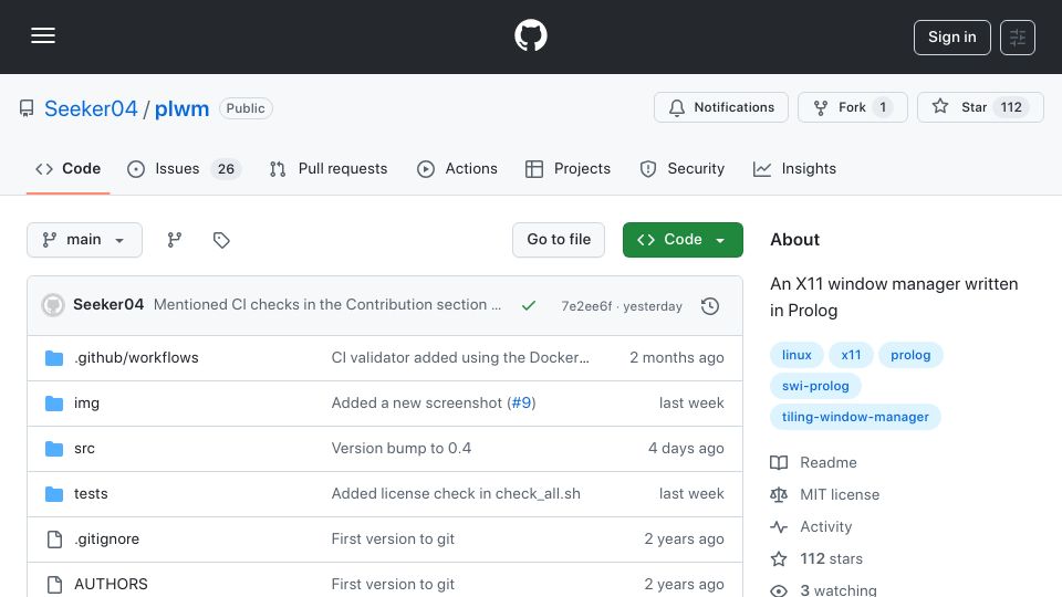 Screenshot of github.com: Plwm – An X11 window manager written in Prolog