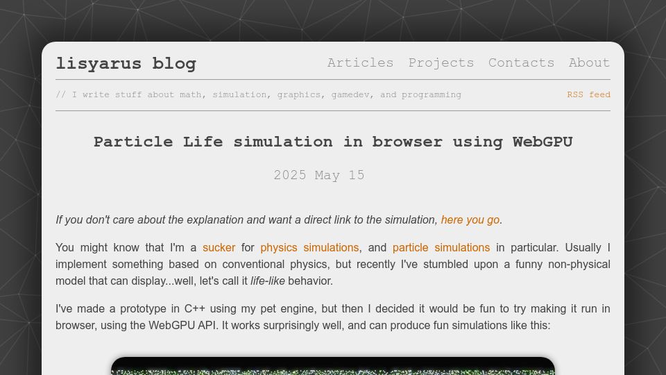 Screenshot of lisyarus.github.io: Particle Life simulation in browser using WebGPU