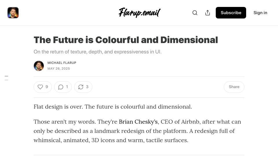 Screenshot of flarup.email: The UI future is colourful and dimensional