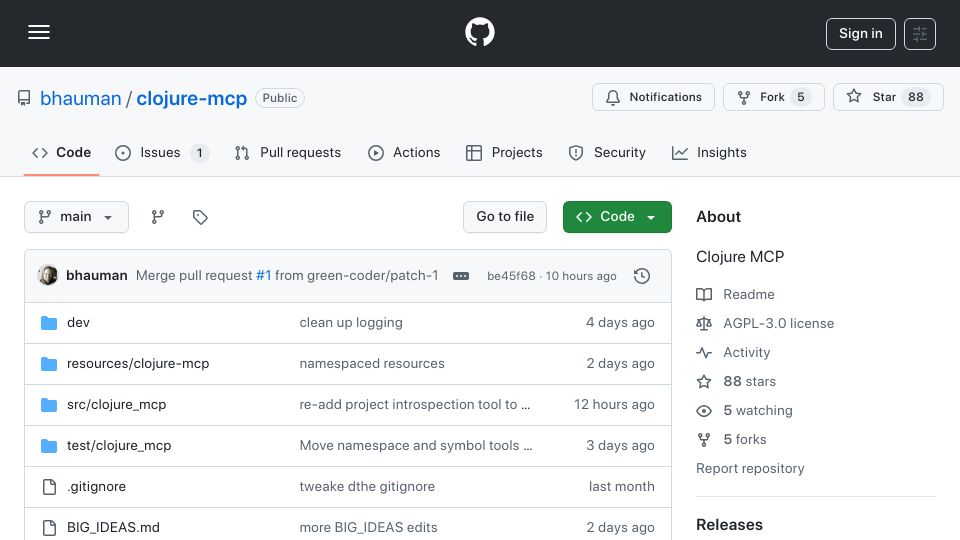 Screenshot of github.com: Clojure MCP