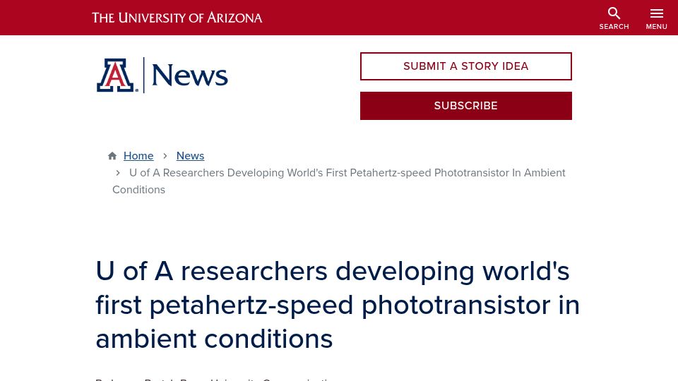 Screenshot of news.arizona.edu: Worlds first petahertz transistor at ambient conditions