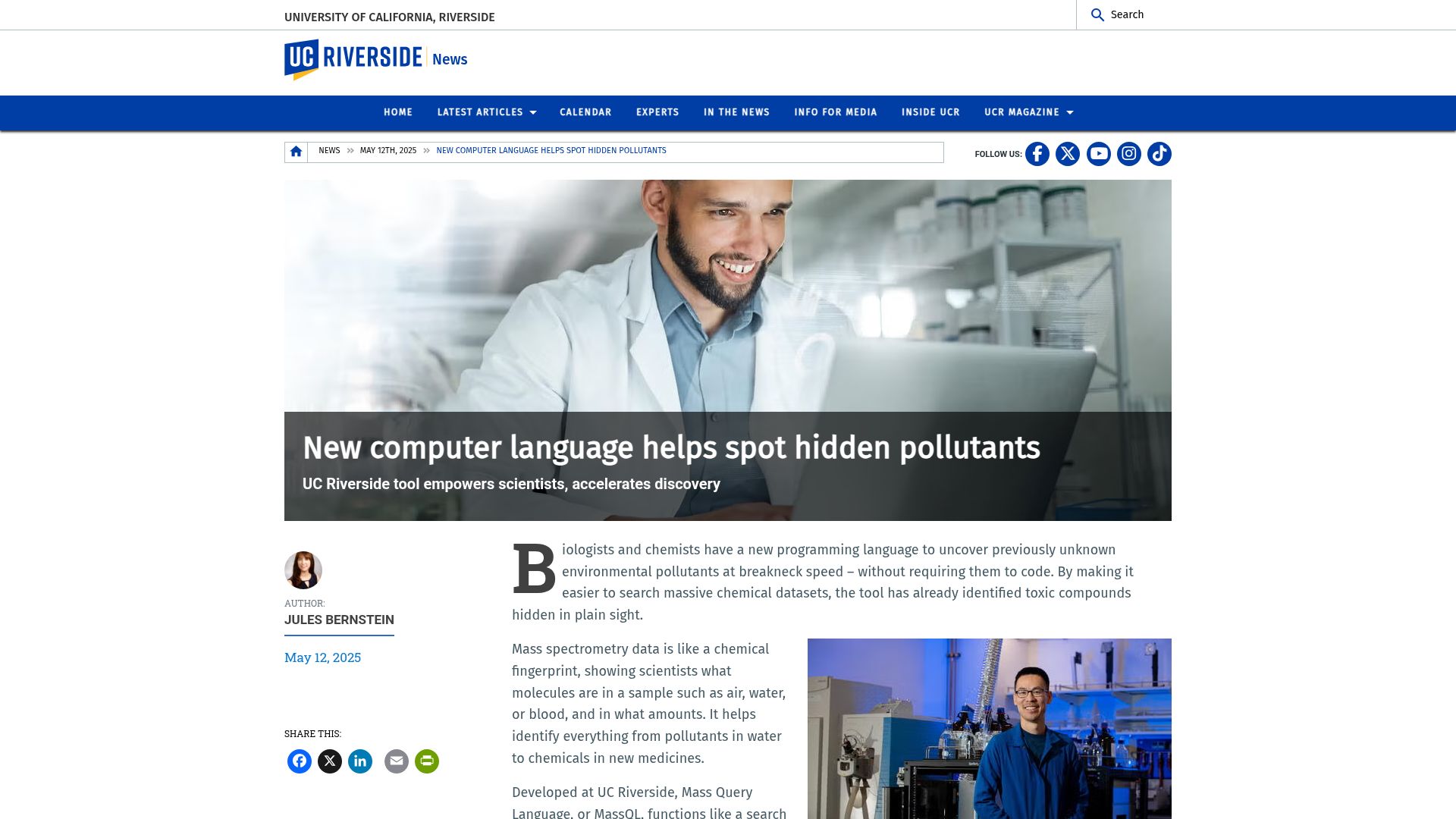 Screenshot of news.ucr.edu: New DSL "MassQL" lets scientists query mass spectrometry data