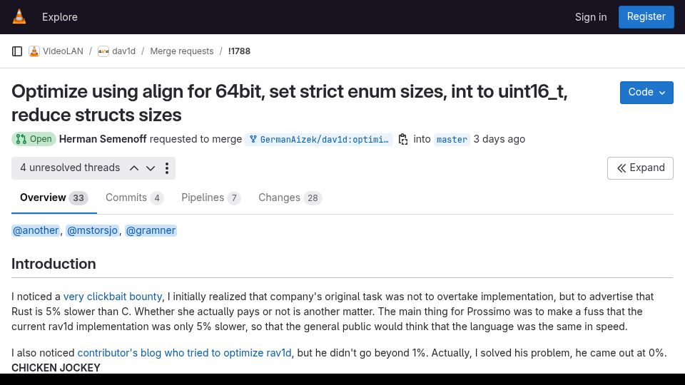 Screenshot of code.videolan.org: Ask HN: Data aligment optimization in dav1d vs. rav1d