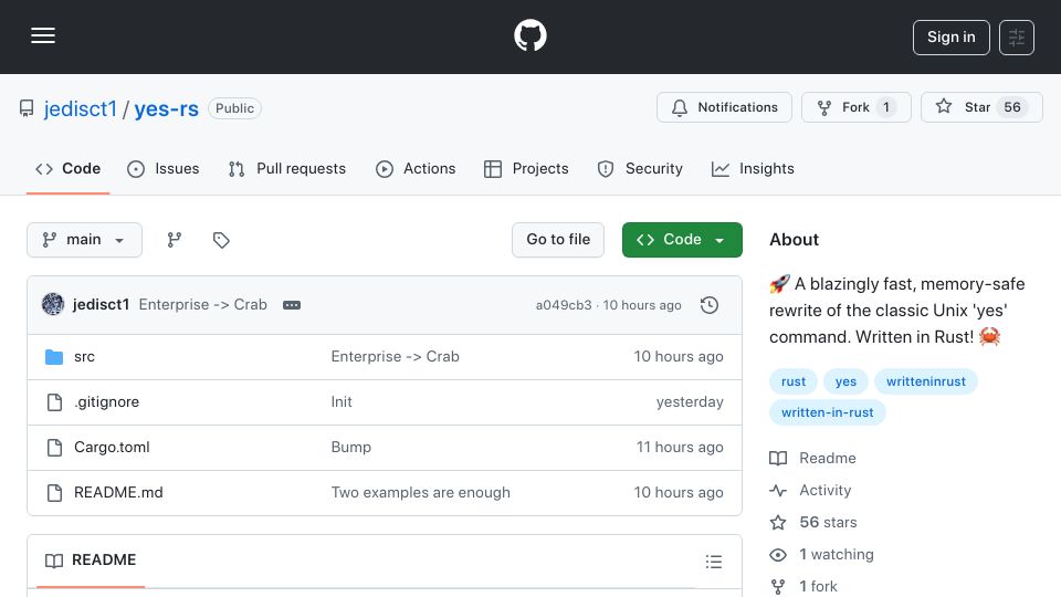 Screenshot of github.com: Yes-rs: A fast, memory-safe rewrite of the classic Unix yes command